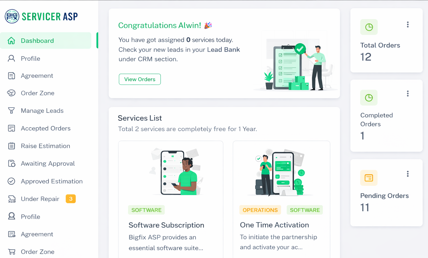 ASP Dashboard — warranty order view